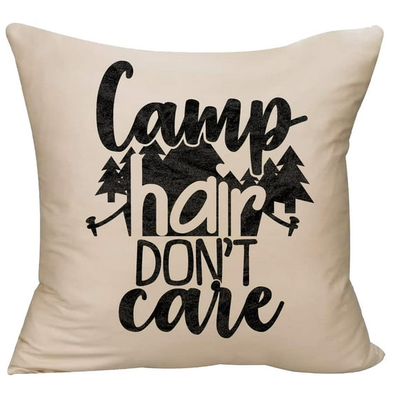 Multicolor Camp Hair Don't Care Camping Outdoors Hiking Humor Throw Pillow 18x18 